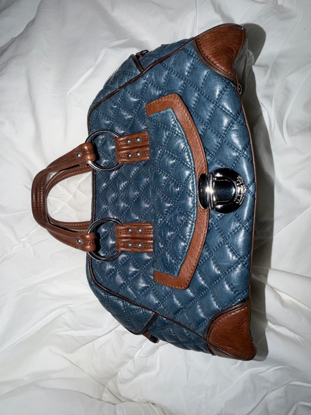 Quilted Navy and Brown Top-Handle Satchel